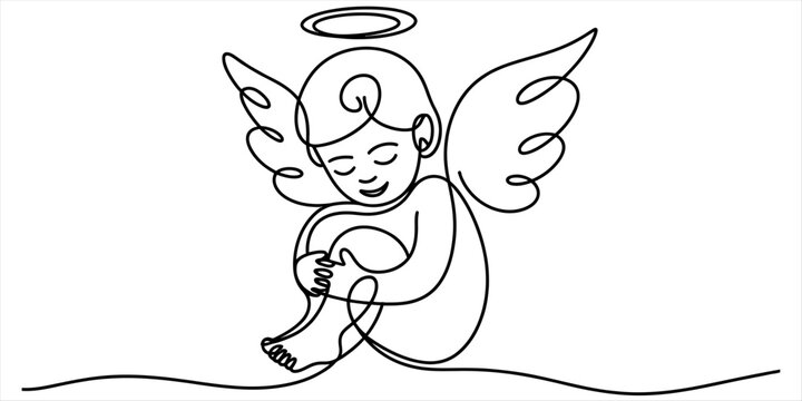 Cute little baby angel sitting with wings and halo drawing in a simple continuous line art style for religious design and peaceful spiritual concepts Vector, illustration
