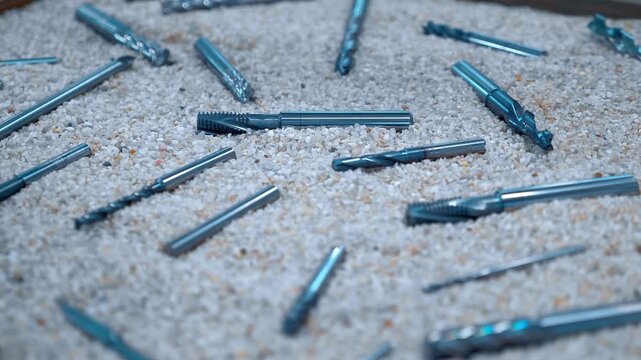 A range of new, shiny cutters for milling machines, of various shapes and purposes, are presented at the exhibition. Closeup. Shot in motion 