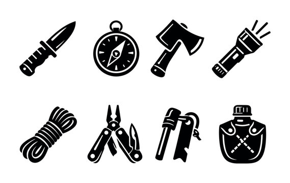 Set of essential survival gear icons for outdoor adventures and emergencies