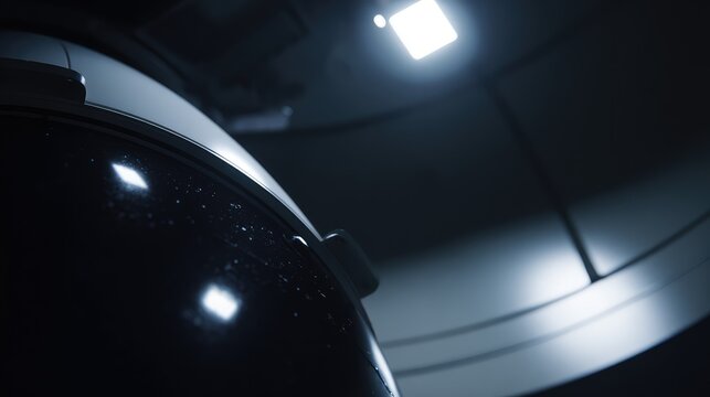 Futuristic spaceship interior featuring a dark reflective dashboard receiving strong light, suggesting advanced technology and a sense of exploration in a sci fi environment