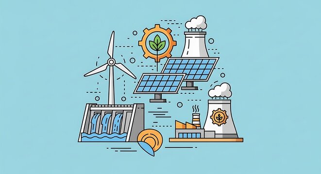 Renewable energy sources including solar panels and wind turbines for sustainable power generation