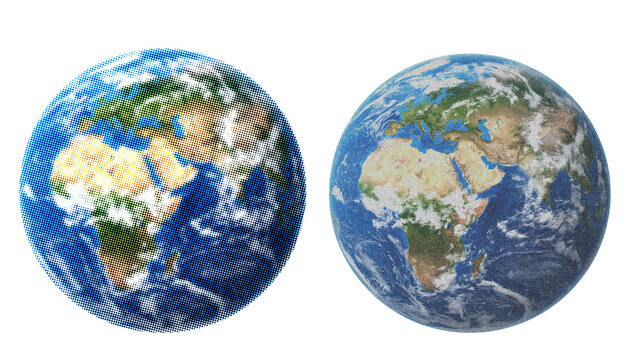 Modern global connectivity mockup: Professional world map globes with retro halftone and noise effect for branding