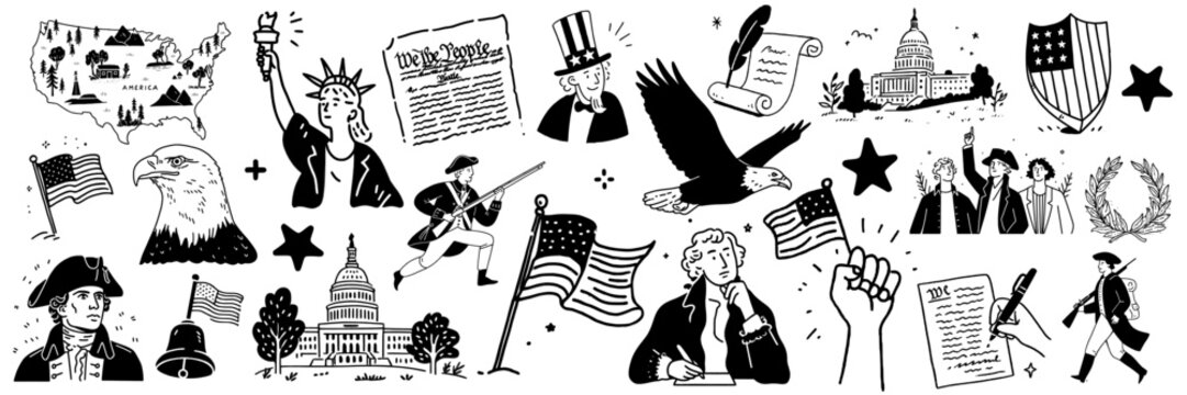 American history doodle icons celebrate independence day with usa symbols like eagle, statue of liberty, capitol building, founding fathers, and flags