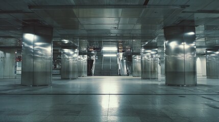 Fototapeta premium Empty underground subway station featuring striking metallic columns, a central staircase, and escalators, creating a sleek architectural space conveying urban travel and solitude