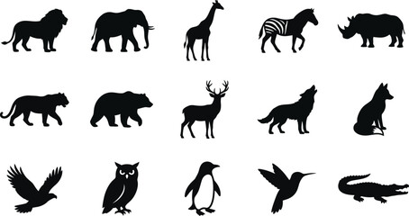 Black silhouettes of various wild animals, including mammals and birds animal silhouettes black and white © Graphic Shops