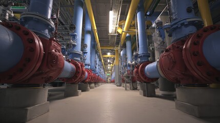 Obraz premium Industrial facility interior showcasing a symmetrical array of large red and blue pipelines with valves, supporting complex engineering and robust machinery for utilities and manufacturing