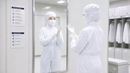 Fototapeta premium 클린룸 반도체 설비를 점검하는 연구원 Researcher Inspecting Semiconductor Equipment in Cleanroom