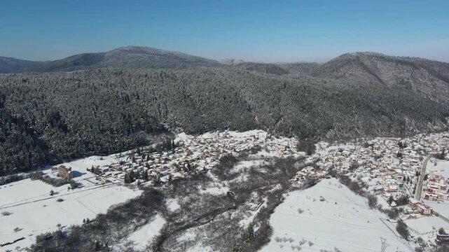 Aerial winter view of Rila Mountain near Beli Iskar village, Sofia Region, Bulgaria