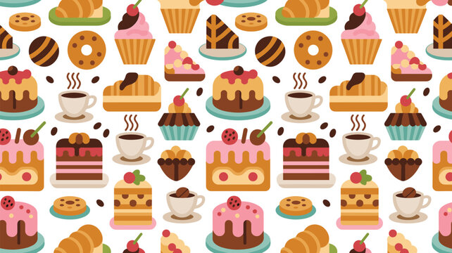 Sweet Dessert Seamless Pattern Background with Cakes Cupcakes Donuts Cookies Coffee Cups and Pastries for Bakery Packaging and Cafe Wallpaper
