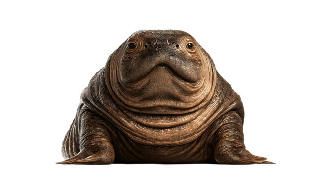 Frontal Studio Portrait of a Fantasy Brown Amphibian Creature with Textured Skin Isolated on a Transparent Background.