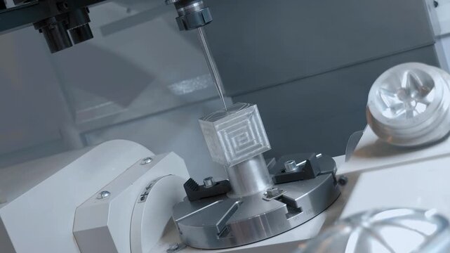 The extensive motion control capabilities of modern milling machines are demonstrated at the exhibition, where a probe accurately traces of control lines on a moving part. Closeup