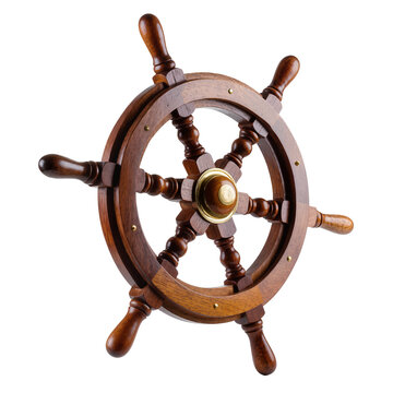Isolated detailed wooden ship's wheel with brass accents for maritime navigation.