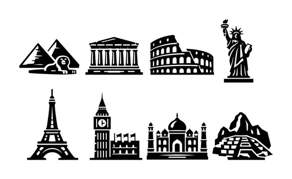 Collection of famous world landmarks and monuments in a stylized black and white graphic