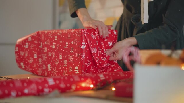 Preparing holiday presents carefully. Detailed closeup of hands wrapping festive holiday parcels meticulously. An intimate scene of hands delicately preparing wrapped Christmas gifts indoors