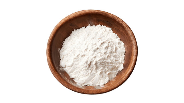 High Angle View of White Flour or Cornstarch in a Rustic Wooden Bowl Isolated on a Transparent Background for Baking and Culinary Design