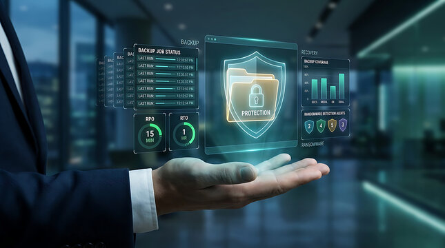 Businessman holding digital interface with data backup and cybersecurity protection icons in a modern office environment, privacy