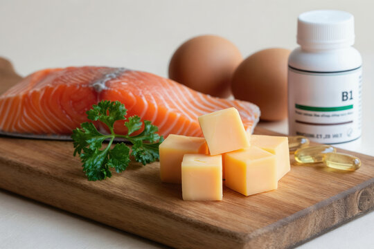 Raw salmon fillet cheese eggs and vitamin B1 pills on wooden board. Healthy food and supplements for wellness. Nutrition concepts for healthy lifestyle.