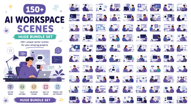 AI Workspace Scenes Bundle, 150 Plus Flat Vector Illustrations of People Working with Artificial Intelligence, Modern Office Tech Character Set