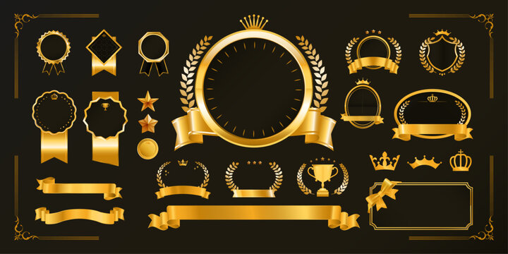 Luxury Gold Black Badge Medal Ribbon Crown Blank Template Set Vector