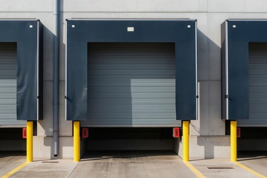 Modern gray roller doors at an industrial warehouse loading dock. Yellow bollards and concrete structure provide security and access for deliveries and logistics operations.