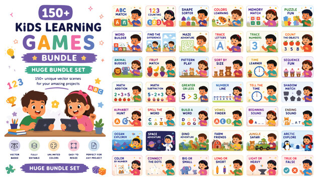 Educational Kids Learning Games Bundle, 150 Plus Preschool Activity Vector Scenes, Children Early Education Worksheet Illustrations for School