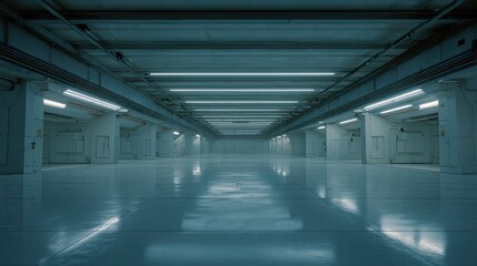 Fototapeta premium Large empty futuristic industrial hangar featuring a polished floor reflecting cool neon tube lighting, creating a vast and clean indoor space with a strong sense of perspective