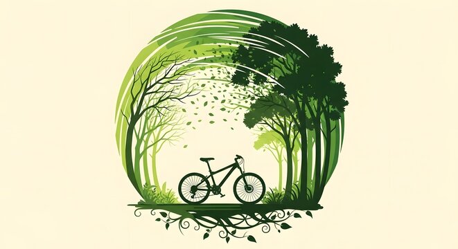 Bicycle in a circular forest landscape with swirling leaves and tree roots