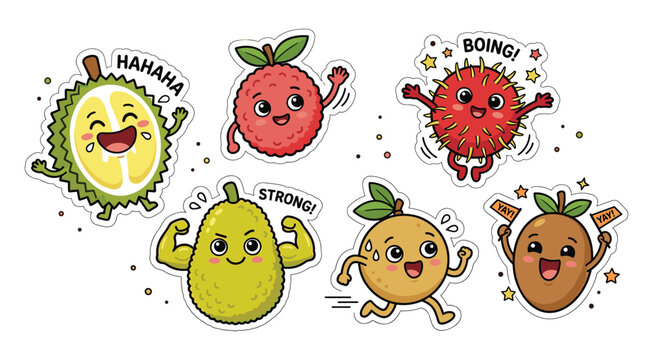 Funny Strong Cartoon Exotic Fruit Characters Sticker Set with Bold Text and Expressive Poses, Flat Design Vector Illustration Isolated on White