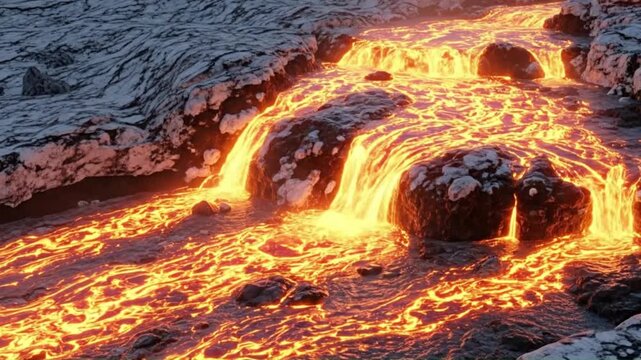 Molten lava flows over rocks and boulders in a rugged terrain landscape