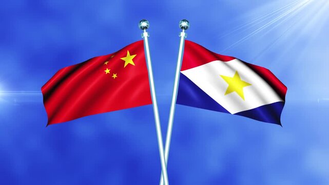 China and Saba Flag Waving On Pole Loop