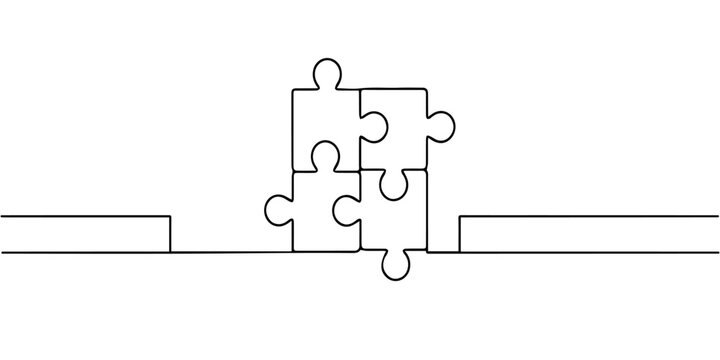 four connected puzzle pieces  continuous one line drawing, Continuous single line drawing of four puzzle pieces. Problem solving and solution business metaphor. One line drawing of puzzle piece for 