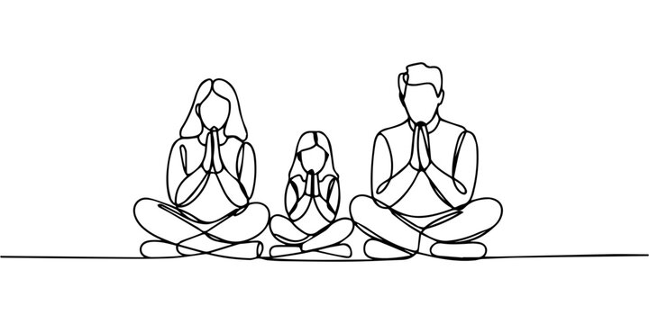 three people sitting  continuous one line drawing, Woman doing yoga exercise. Three young girls sitting cross legged meditating continuous one line draw design isolated on white background. Character 