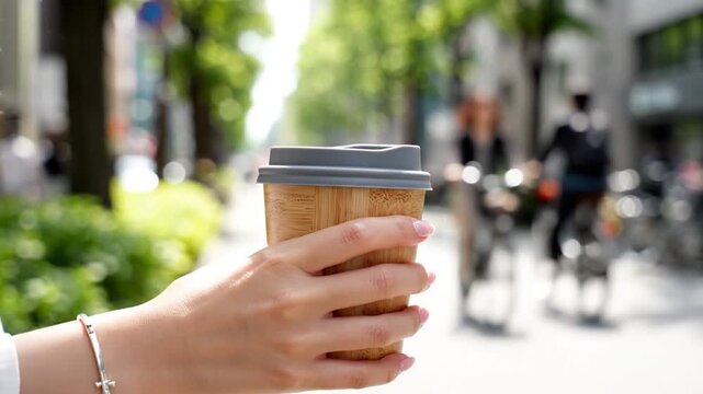 Person holding reusable coffee cup on city street