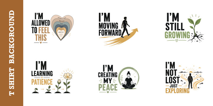 Mindfulness and patience quotes collection with lotus pose and plant growth illustrations.