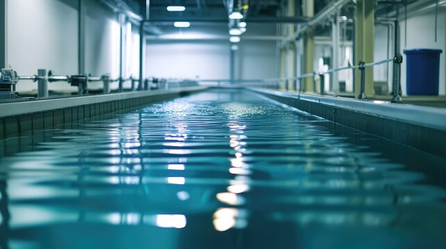 Indoor testing pool for scientific research or industrial use, offering clean blue water reflecting overhead lights creating a sense of calm and precision