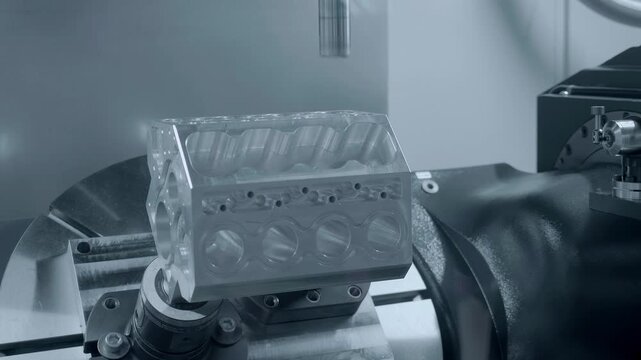 A modern milling machine processes a cylinder block of an internal combustion engine according to a program, then the milling cutter is automatically replaced with a measuring probe and the completed 