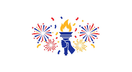 Obraz premium A symbolic hand holding a burning torch with vibrant festive fireworks and colorful confetti.
