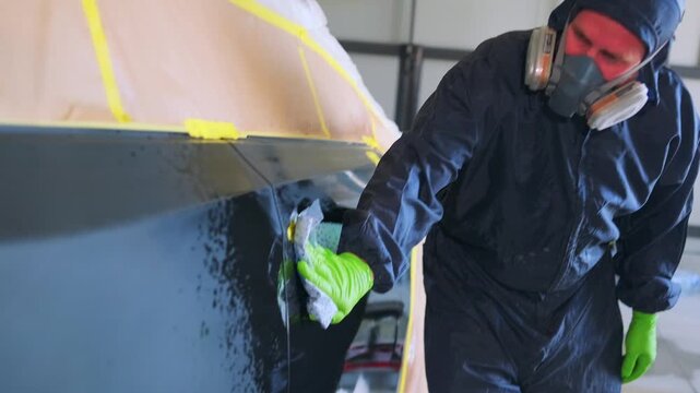 Professional auto body technician wiping repaired vehicle panel after degreasing process before automotive painting and refinishing in collision repair workshop. 