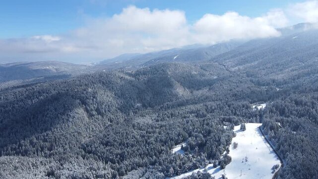 Aerial winter view of Rila Mountain near Beli Iskar village, Sofia Region, Bulgaria
