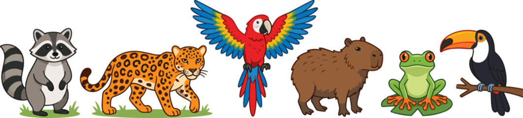Fototapeta premium Cute Tropical Jungle Animals Vector Character Set with Happy Kawaii Jaguar Parrot Capybara Toucan Frog and Raccoon Icons for Children