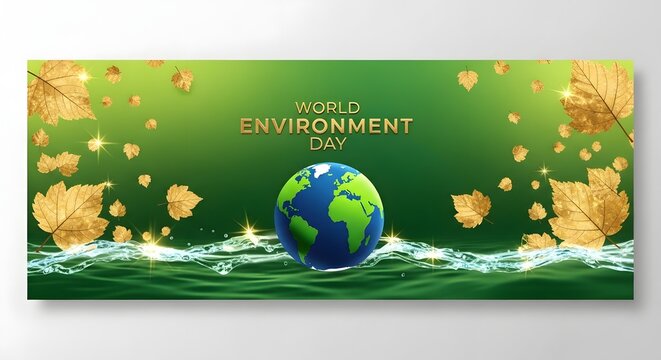 World environment day banner with golden leaves, globe and water splash on green background