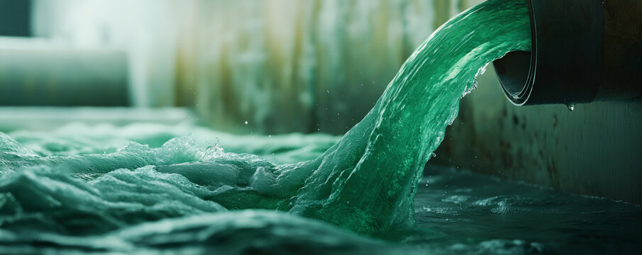 Close-up of green liquid gushing from a pipe into water.