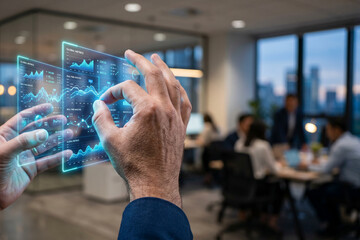 Obraz premium Hands interacting with futuristic digital data interface in modern office