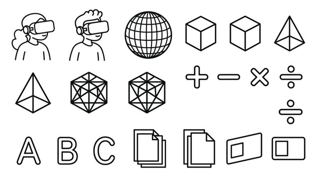 line drawing icons set with virtual reality geometry and math symbols
