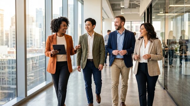 Group of diverse business professionals walking in modern office corridor