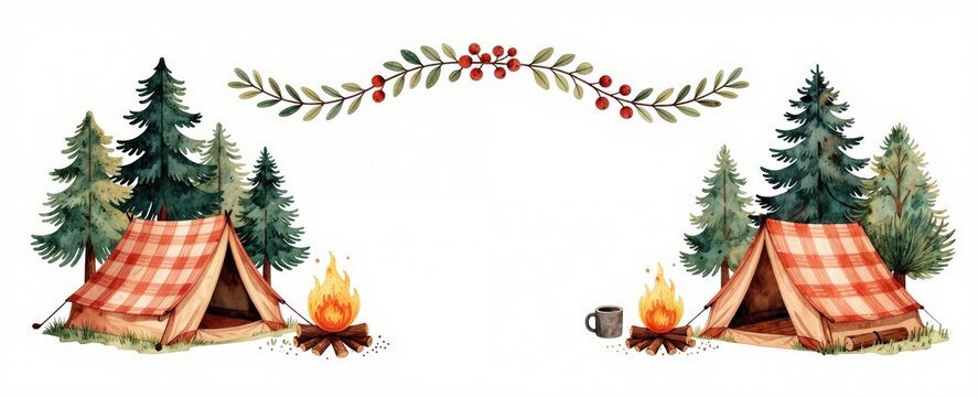Forest scene with tents and campfires under pine trees. Watercolor illustration with berry garland border. Cozy outdoor camping theme, rustic design for invitations and cards.