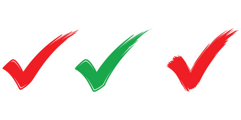 Set of red and green hand drawn check marks with paint brush texture for checklist and approval © Shamsun