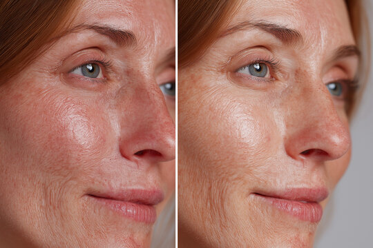 A side-by-side portrait comparing a woman's facial skin with visible wrinkles and uneven tone on the left to smoother, clearer skin on the right after treatment.
