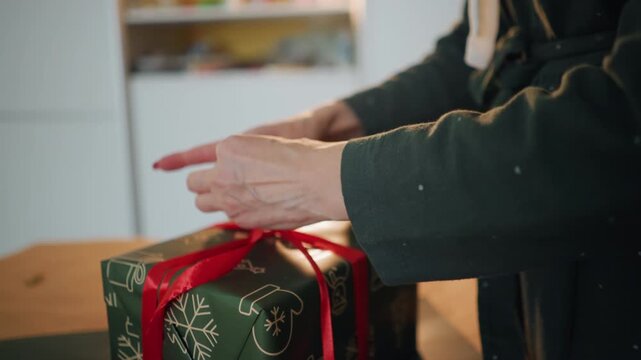 Elderly white woman wrapping Christmas present at kitchen table tying red ribbon into neat bow close up on hands and fingers cozy warm lighting handmade gift preparation gentle holiday atmosphere