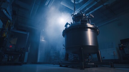 Fototapeta premium Large industrial reactor vessel in a dark, atmospheric laboratory, producing steam for an experimental scientific process related to future energy technology
